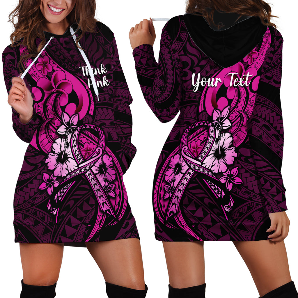 Personalised Polynesia Breast Cancer Awareness Hoodie Dress Think Pink Polynesian Ribbon Black Version - Wonder Print Shop