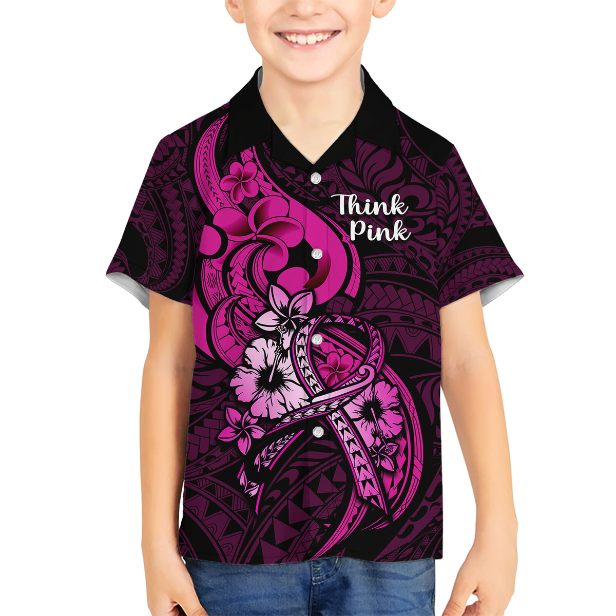 Personalised Polynesia Breast Cancer Awareness Kid Hawaiian Shirt Think Pink Polynesian Ribbon Black Version - Wonder Print Shop