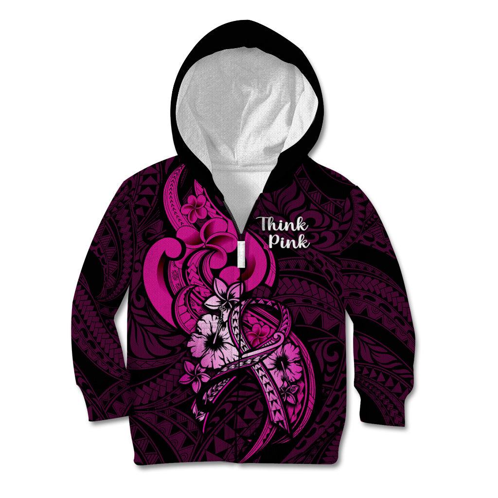 Personalised Polynesia Breast Cancer Awareness Kid Hoodie Think Pink Polynesian Ribbon Black Version - Wonder Print Shop