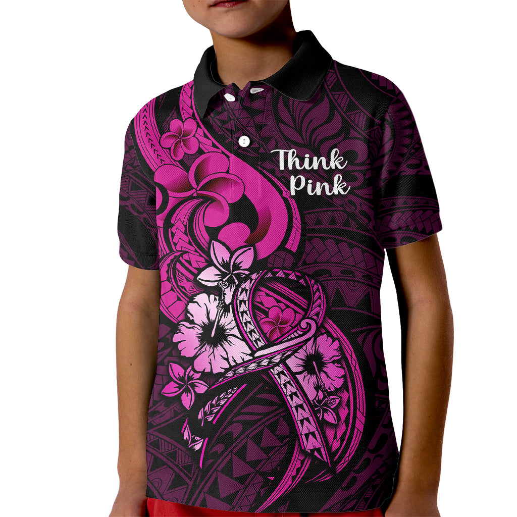 Personalised Polynesia Breast Cancer Awareness Kid Polo Shirt Think Pink Polynesian Ribbon Black Version - Wonder Print Shop