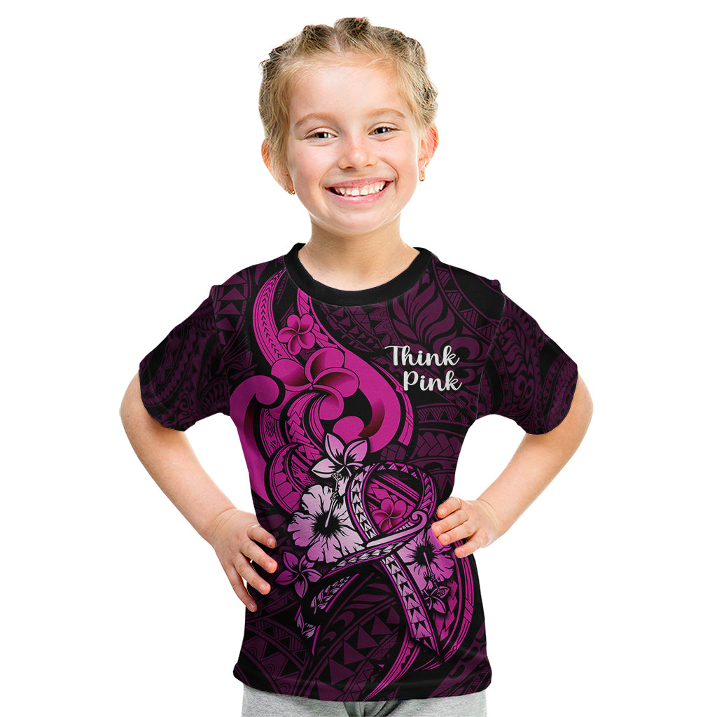 Personalised Polynesia Breast Cancer Awareness Kid T Shirt Think Pink Polynesian Ribbon Black Version - Wonder Print Shop