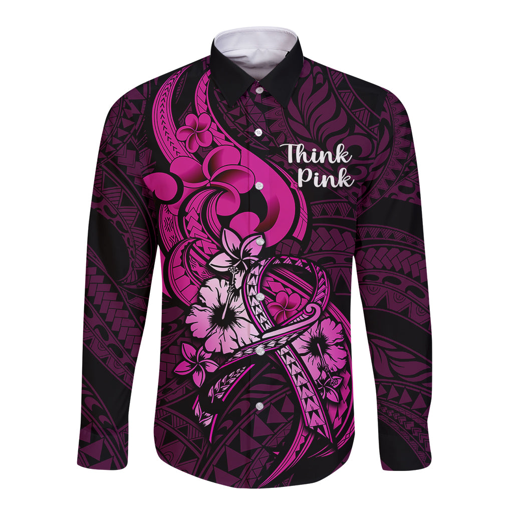 Personalised Polynesia Breast Cancer Awareness Long Sleeve Button Shirt Think Pink Polynesian Ribbon Black Version - Wonder Print Shop
