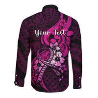Personalised Polynesia Breast Cancer Awareness Long Sleeve Button Shirt Think Pink Polynesian Ribbon Black Version - Wonder Print Shop