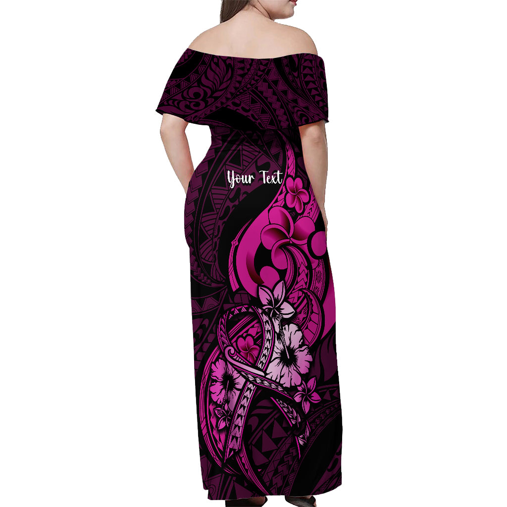 Personalised Polynesia Breast Cancer Awareness Off Shoulder Maxi Dress Think Pink Polynesian Ribbon Black Version - Wonder Print Shop
