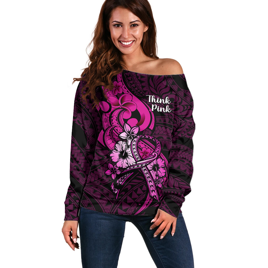 Personalised Polynesia Breast Cancer Awareness Off Shoulder Sweater Think Pink Polynesian Ribbon Black Version - Wonder Print Shop