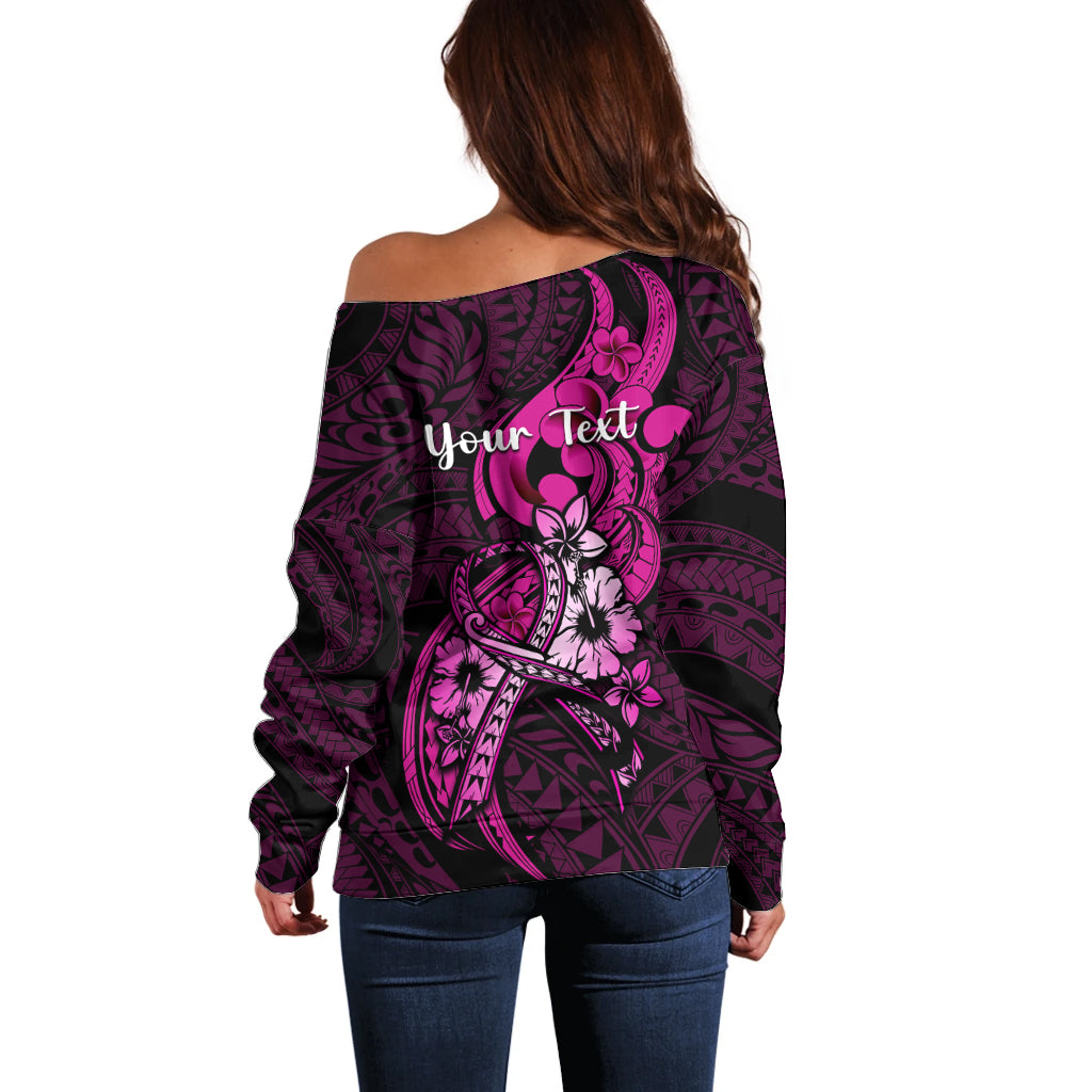 Personalised Polynesia Breast Cancer Awareness Off Shoulder Sweater Think Pink Polynesian Ribbon Black Version - Wonder Print Shop