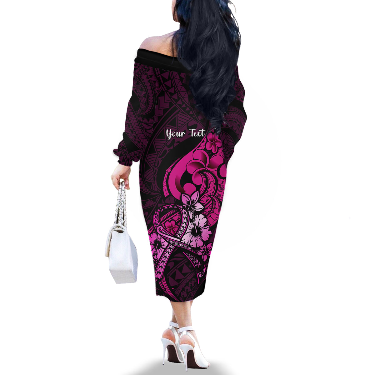Personalised Polynesia Breast Cancer Awareness Off The Shoulder Long Sleeve Dress Think Pink Polynesian Ribbon Black Version - Wonder Print Shop
