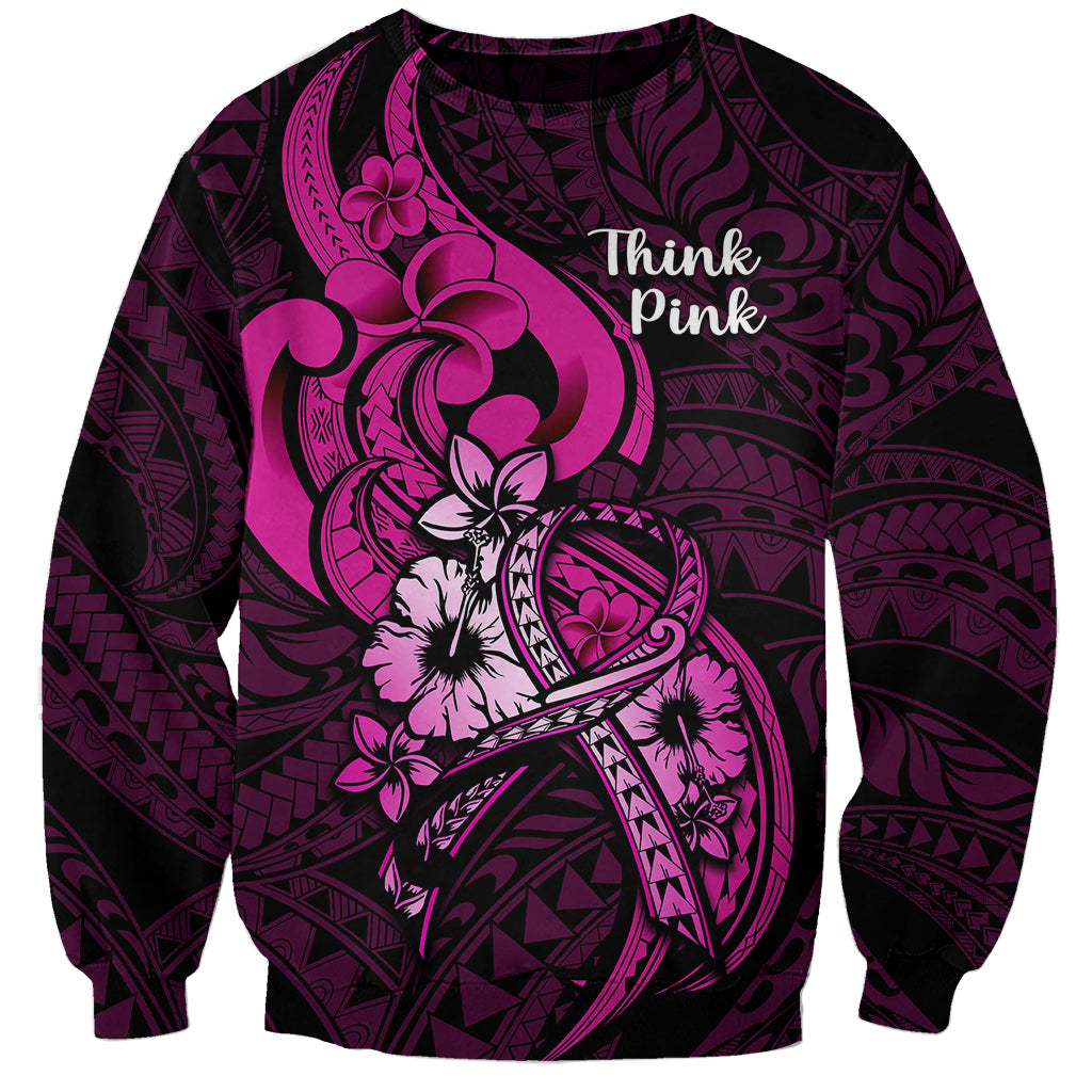 Personalised Polynesia Breast Cancer Awareness Sweatshirt Think Pink Polynesian Ribbon Black Version - Wonder Print Shop
