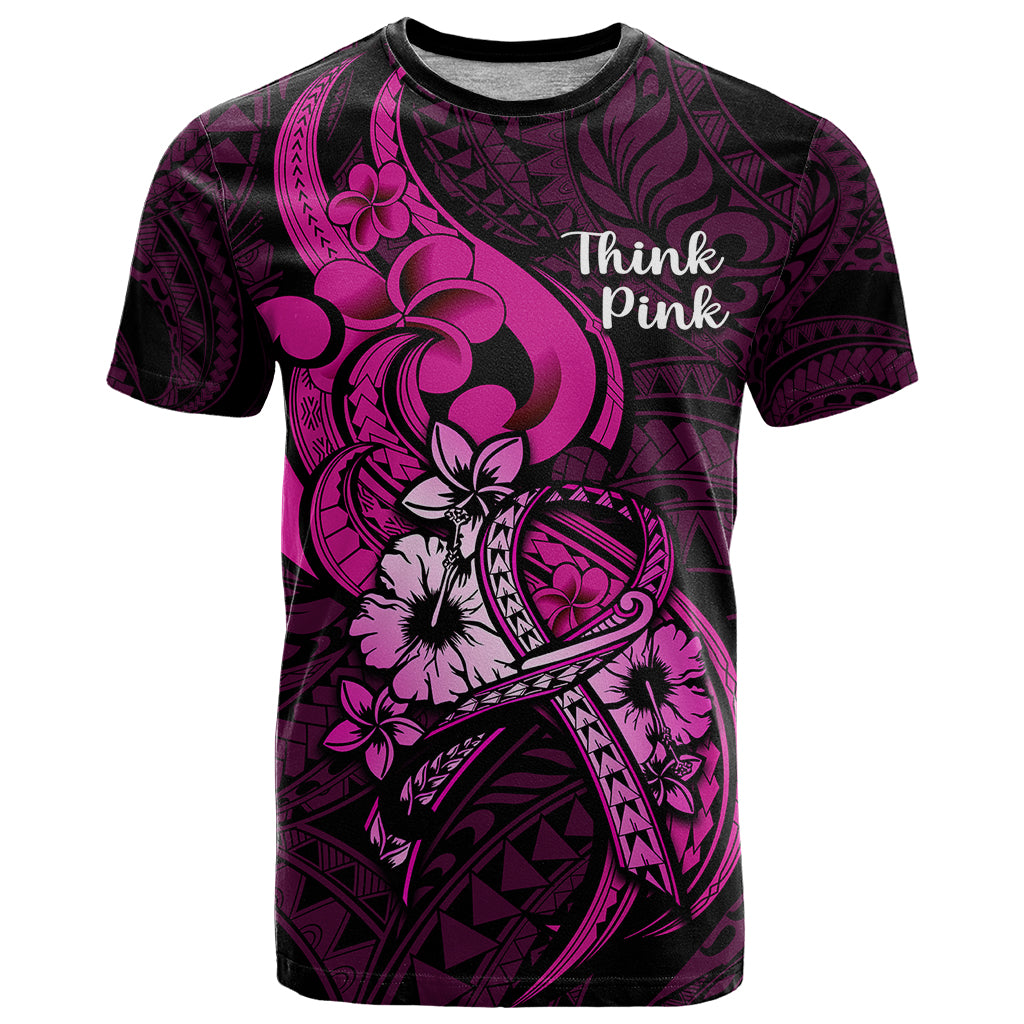 Personalised Polynesia Breast Cancer Awareness T Shirt Think Pink Polynesian Ribbon Black Version - Wonder Print Shop