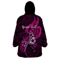 Personalised Polynesia Breast Cancer Awareness Wearable Blanket Hoodie Think Pink Polynesian Ribbon Black Version - Wonder Print Shop