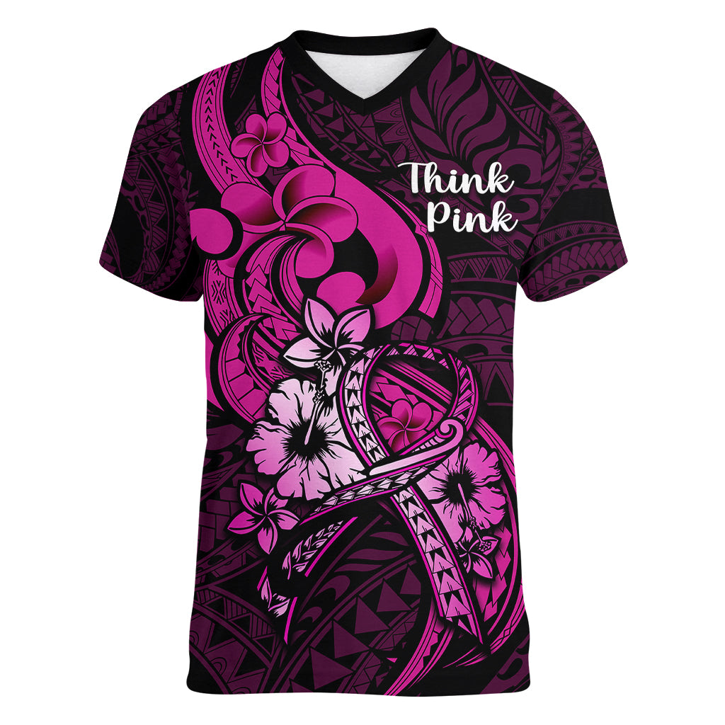 Personalised Polynesia Breast Cancer Awareness Women V Neck T Shirt Think Pink Polynesian Ribbon Black Version - Wonder Print Shop