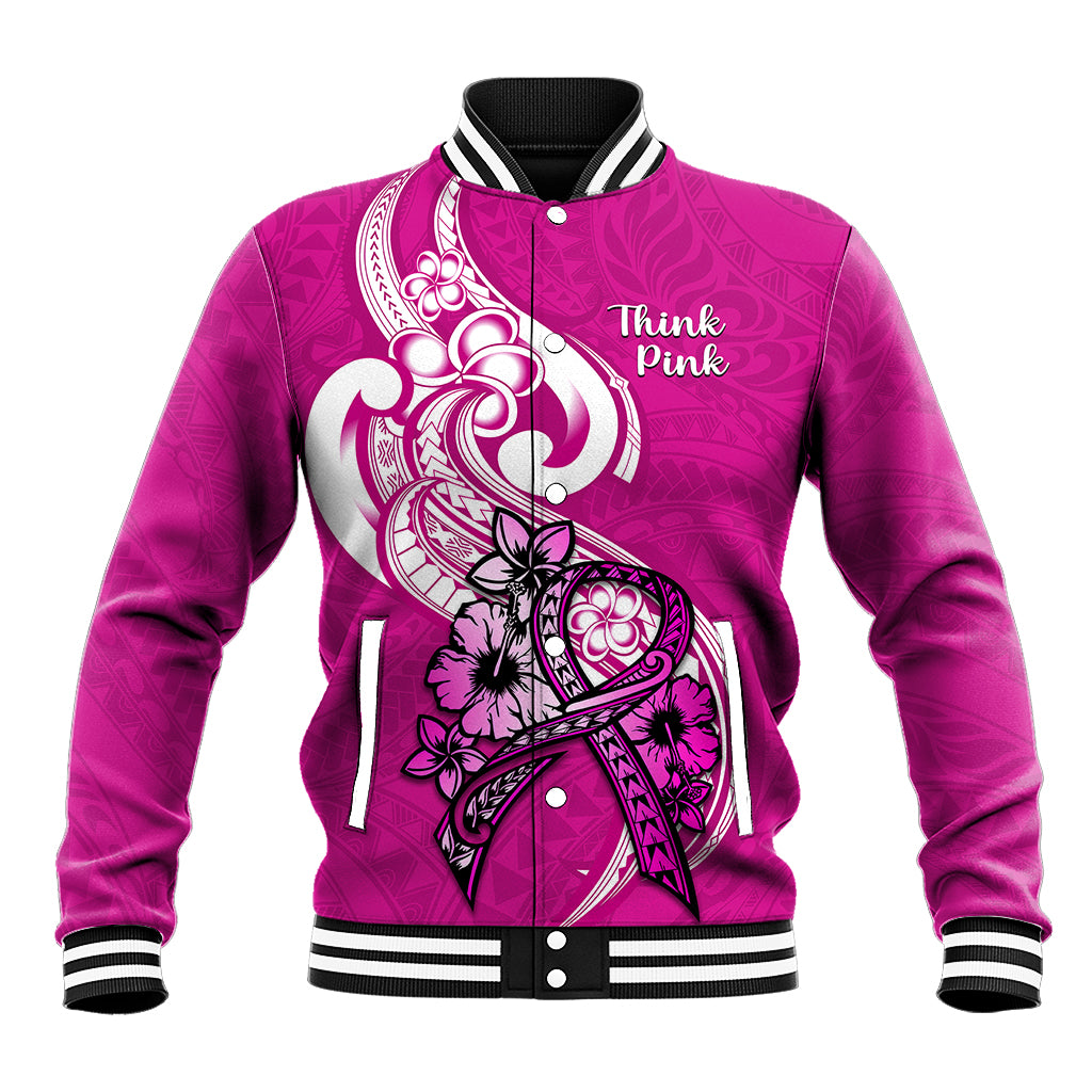 Polynesia Breast Cancer Awareness Baseball Jacket Think Pink Polynesian Ribbon White Version - Wonder Print Shop