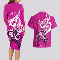 Polynesia Breast Cancer Awareness Couples Matching Long Sleeve Bodycon Dress and Hawaiian Shirt Think Pink Polynesian Ribbon White Version - Wonder Print Shop