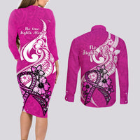 Polynesia Breast Cancer Awareness Couples Matching Long Sleeve Bodycon Dress and Long Sleeve Button Shirts Think Pink Polynesian Ribbon White Version - Wonder Print Shop