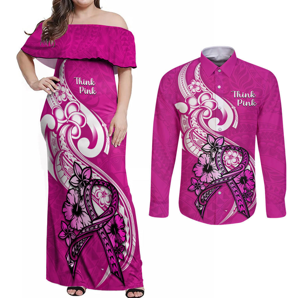 Polynesia Breast Cancer Awareness Couples Matching Off Shoulder Maxi Dress and Long Sleeve Button Shirts Think Pink Polynesian Ribbon White Version - Wonder Print Shop