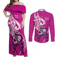 Polynesia Breast Cancer Awareness Couples Matching Off Shoulder Maxi Dress and Long Sleeve Button Shirts Think Pink Polynesian Ribbon White Version - Wonder Print Shop