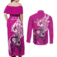 Polynesia Breast Cancer Awareness Couples Matching Off Shoulder Maxi Dress and Long Sleeve Button Shirts Think Pink Polynesian Ribbon White Version - Wonder Print Shop