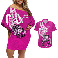 Polynesia Breast Cancer Awareness Couples Matching Off Shoulder Short Dress and Hawaiian Shirt Think Pink Polynesian Ribbon White Version - Wonder Print Shop