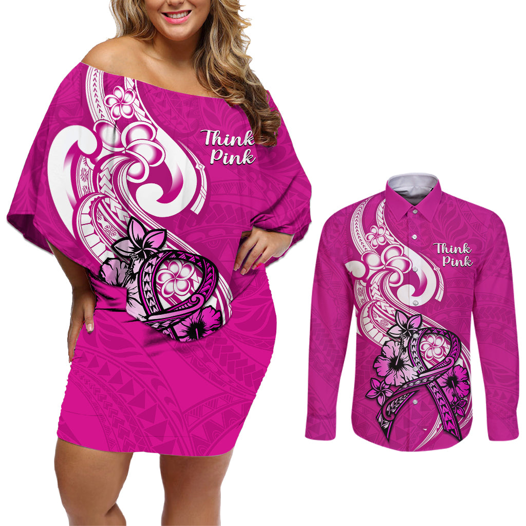 Polynesia Breast Cancer Awareness Couples Matching Off Shoulder Short Dress and Long Sleeve Button Shirts Think Pink Polynesian Ribbon White Version - Wonder Print Shop