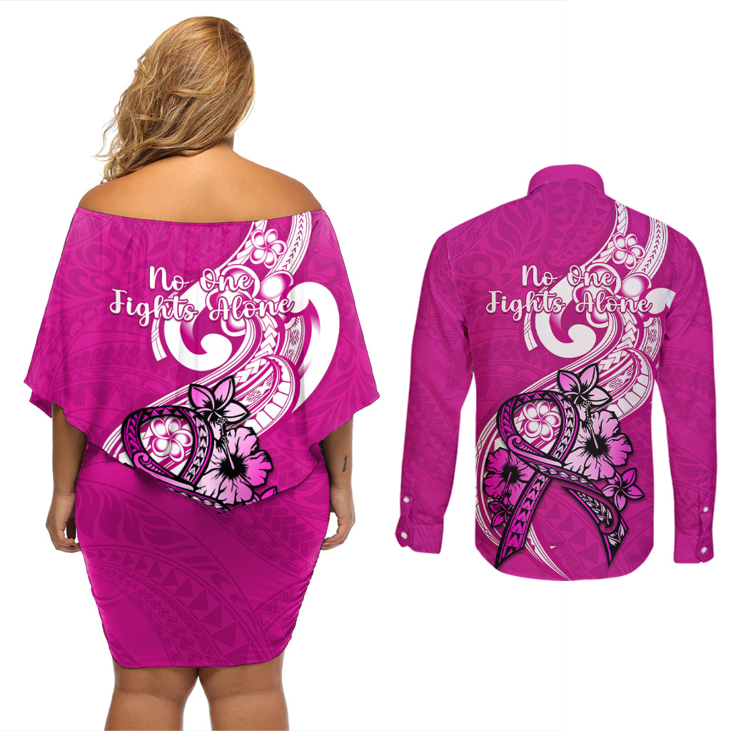 Polynesia Breast Cancer Awareness Couples Matching Off Shoulder Short Dress and Long Sleeve Button Shirts Think Pink Polynesian Ribbon White Version - Wonder Print Shop