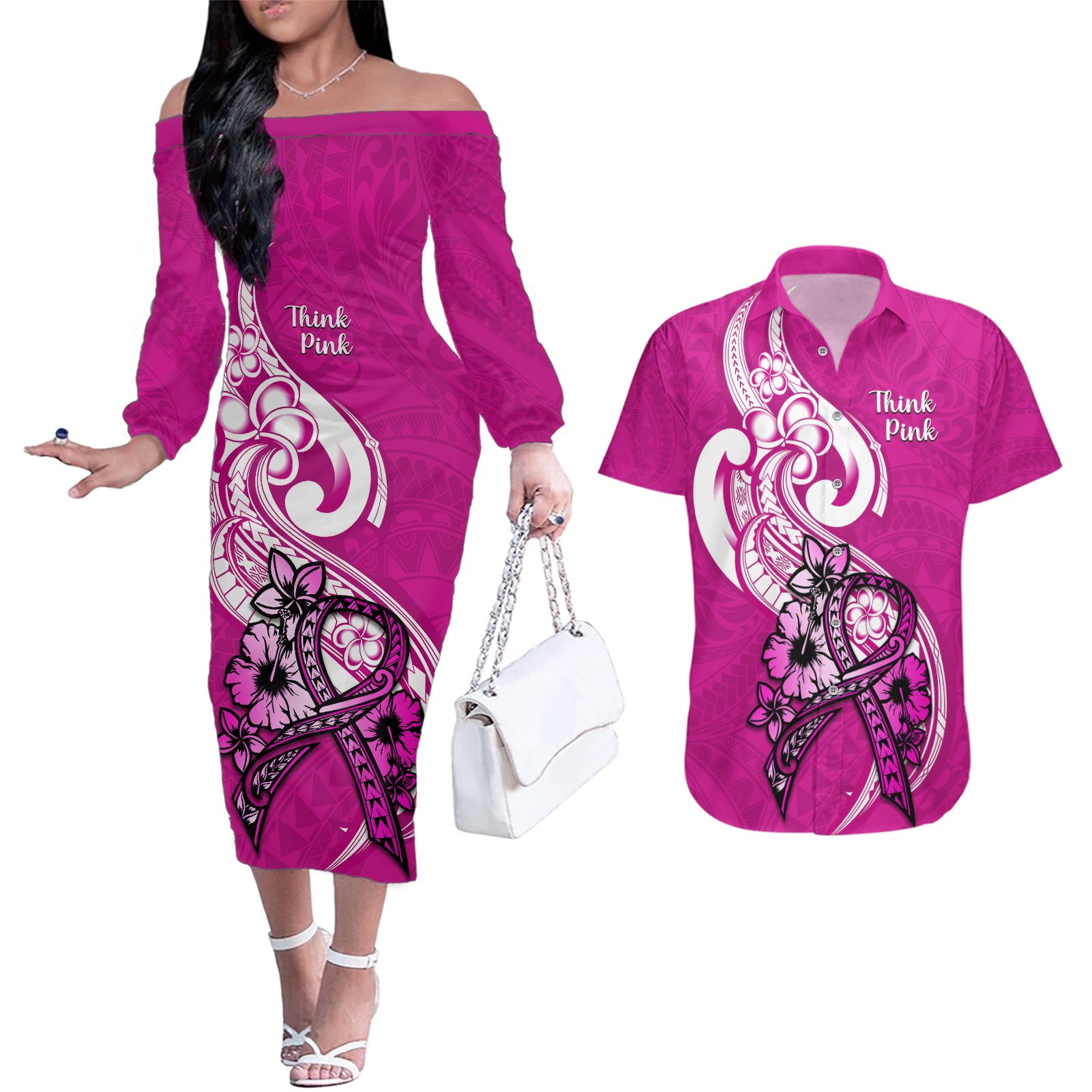 Polynesia Breast Cancer Awareness Couples Matching Off The Shoulder Long Sleeve Dress and Hawaiian Shirt Think Pink Polynesian Ribbon White Version - Wonder Print Shop