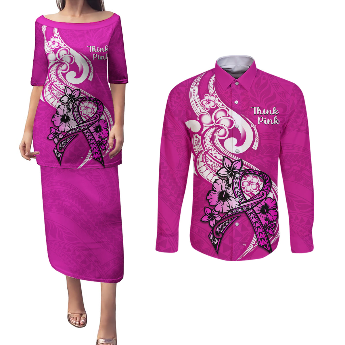 Polynesia Breast Cancer Awareness Couples Matching Puletasi Dress and Long Sleeve Button Shirts Think Pink Polynesian Ribbon White Version - Wonder Print Shop