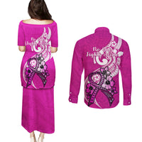 Polynesia Breast Cancer Awareness Couples Matching Puletasi Dress and Long Sleeve Button Shirts Think Pink Polynesian Ribbon White Version - Wonder Print Shop
