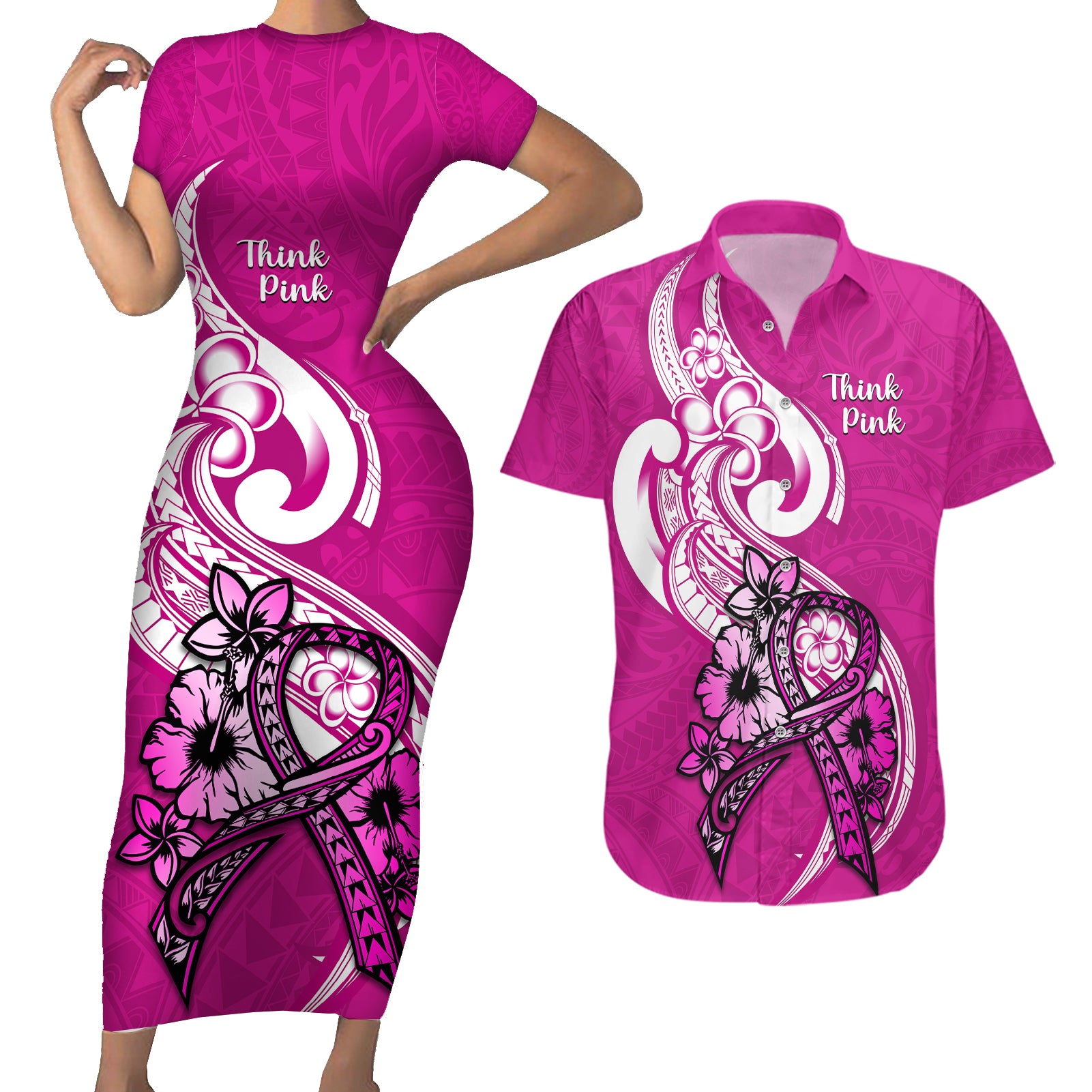 Polynesia Breast Cancer Awareness Couples Matching Short Sleeve Bodycon Dress and Hawaiian Shirt Think Pink Polynesian Ribbon White Version - Wonder Print Shop
