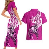 Polynesia Breast Cancer Awareness Couples Matching Short Sleeve Bodycon Dress and Hawaiian Shirt Think Pink Polynesian Ribbon White Version - Wonder Print Shop