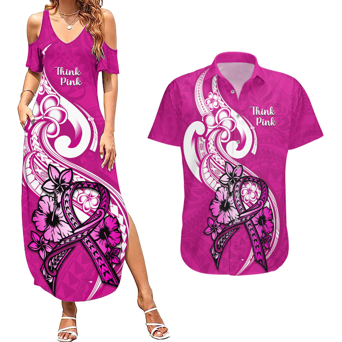 Polynesia Breast Cancer Awareness Couples Matching Summer Maxi Dress and Hawaiian Shirt Think Pink Polynesian Ribbon White Version - Wonder Print Shop