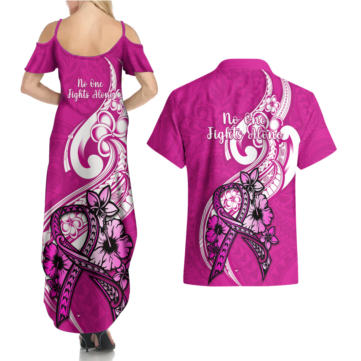 Polynesia Breast Cancer Awareness Couples Matching Summer Maxi Dress and Hawaiian Shirt Think Pink Polynesian Ribbon White Version - Wonder Print Shop