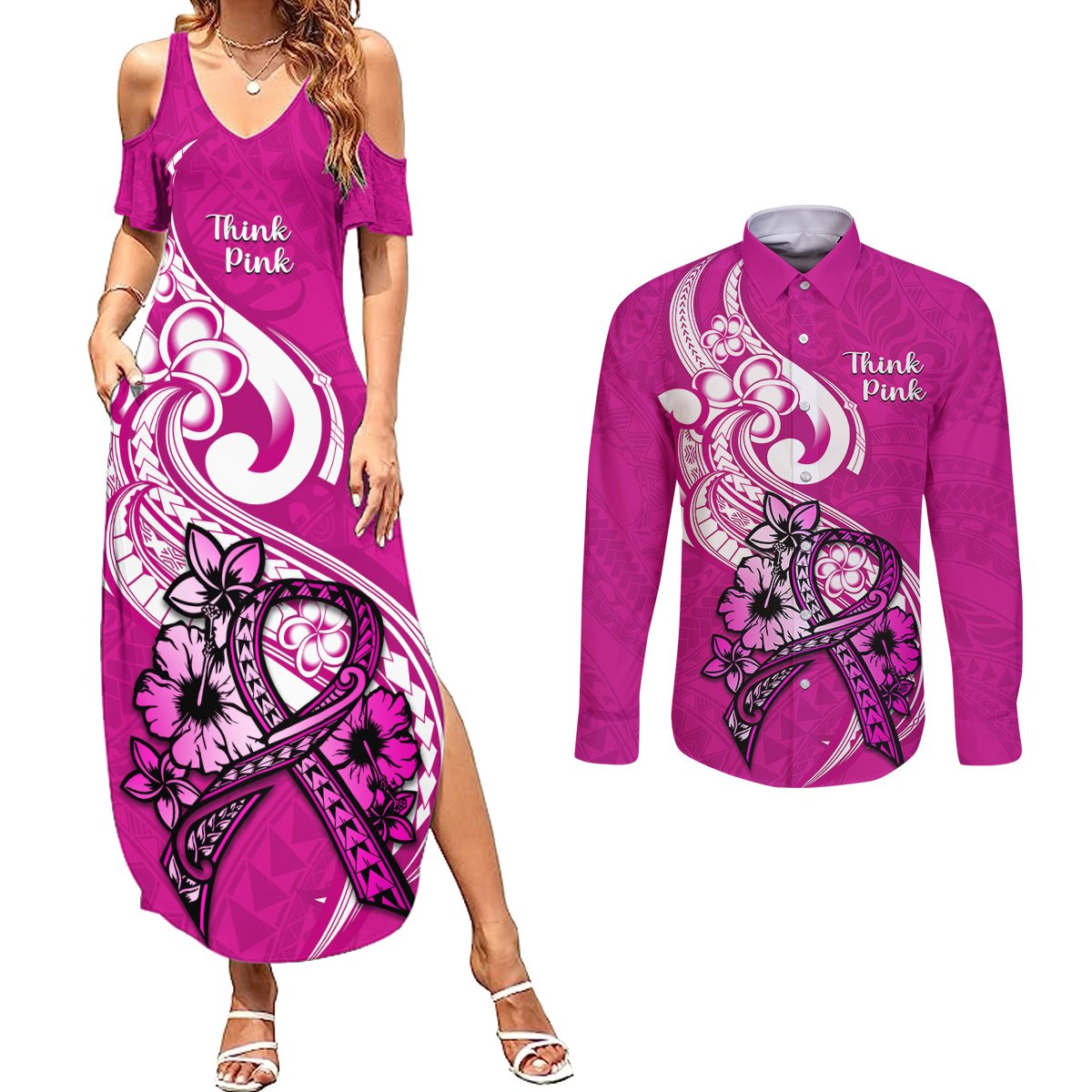 Polynesia Breast Cancer Awareness Couples Matching Summer Maxi Dress and Long Sleeve Button Shirts Think Pink Polynesian Ribbon White Version - Wonder Print Shop