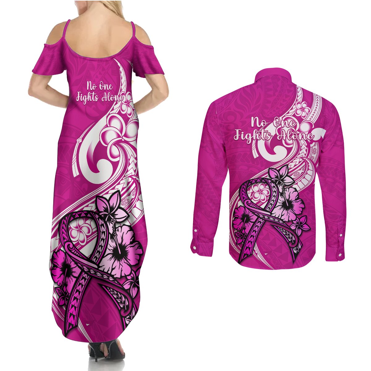 Polynesia Breast Cancer Awareness Couples Matching Summer Maxi Dress and Long Sleeve Button Shirts Think Pink Polynesian Ribbon White Version - Wonder Print Shop