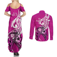 Polynesia Breast Cancer Awareness Couples Matching Summer Maxi Dress and Long Sleeve Button Shirts Think Pink Polynesian Ribbon White Version - Wonder Print Shop
