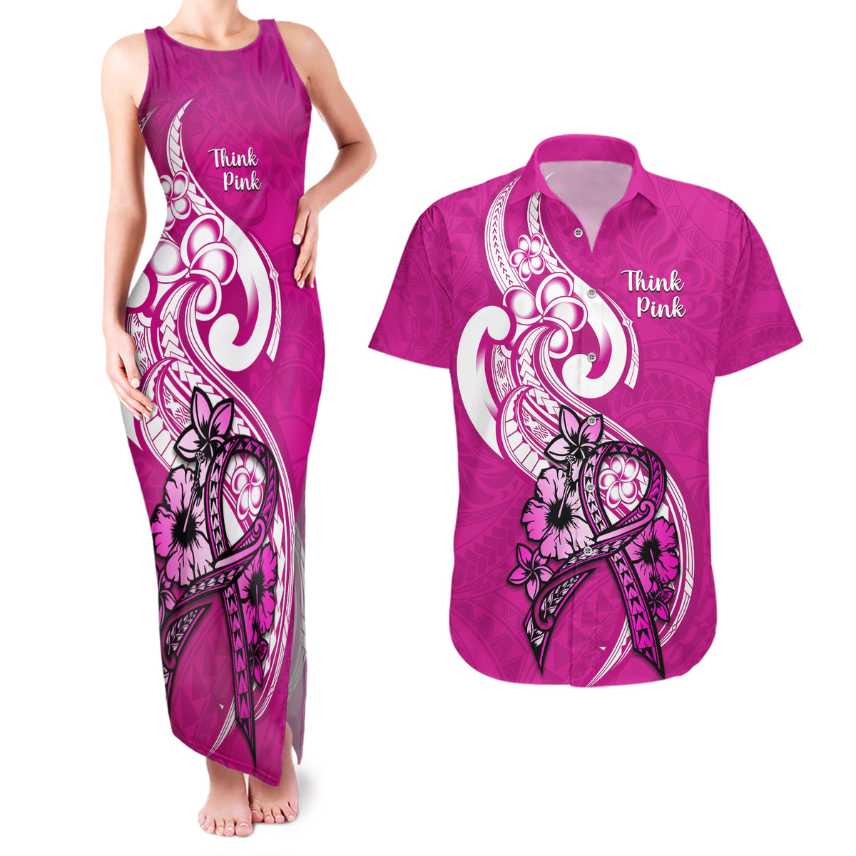 Polynesia Breast Cancer Awareness Couples Matching Tank Maxi Dress and Hawaiian Shirt Think Pink Polynesian Ribbon White Version - Wonder Print Shop
