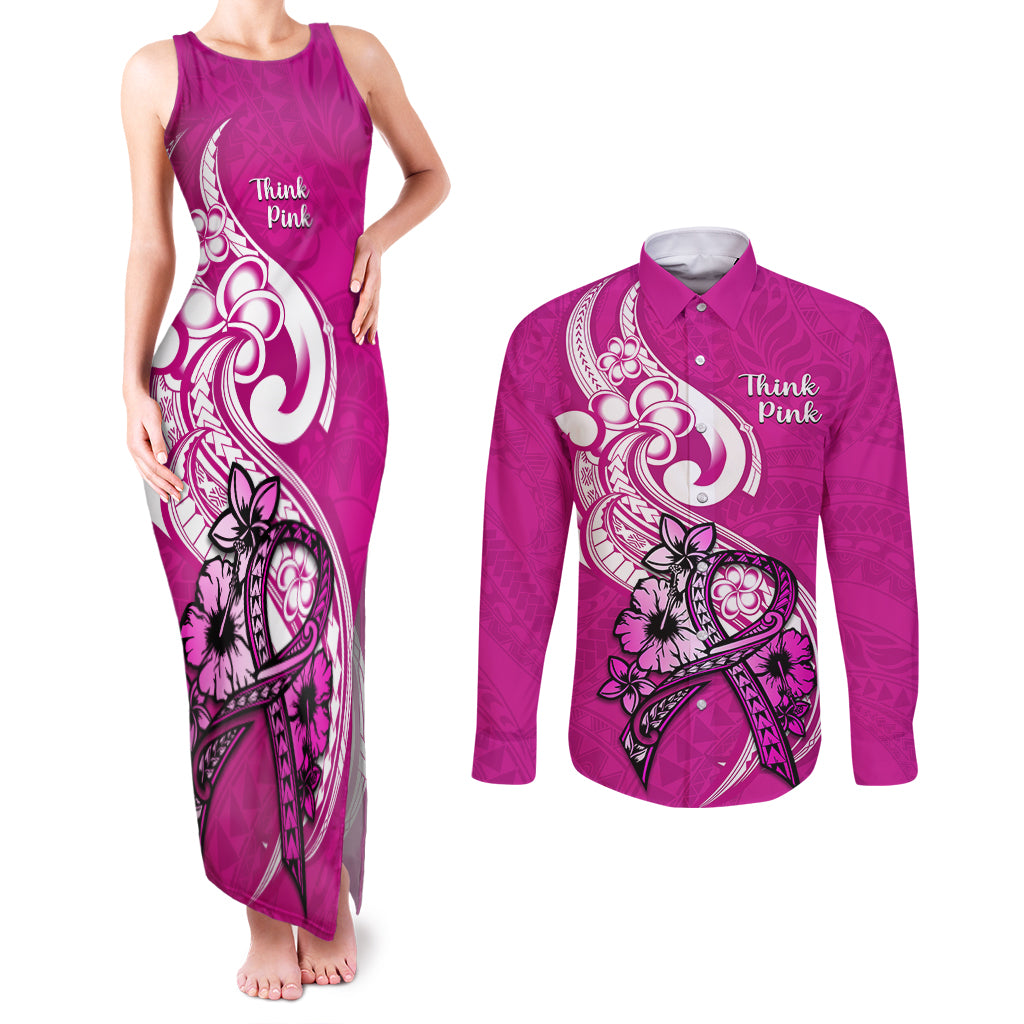 Polynesia Breast Cancer Awareness Couples Matching Tank Maxi Dress and Long Sleeve Button Shirts Think Pink Polynesian Ribbon White Version - Wonder Print Shop