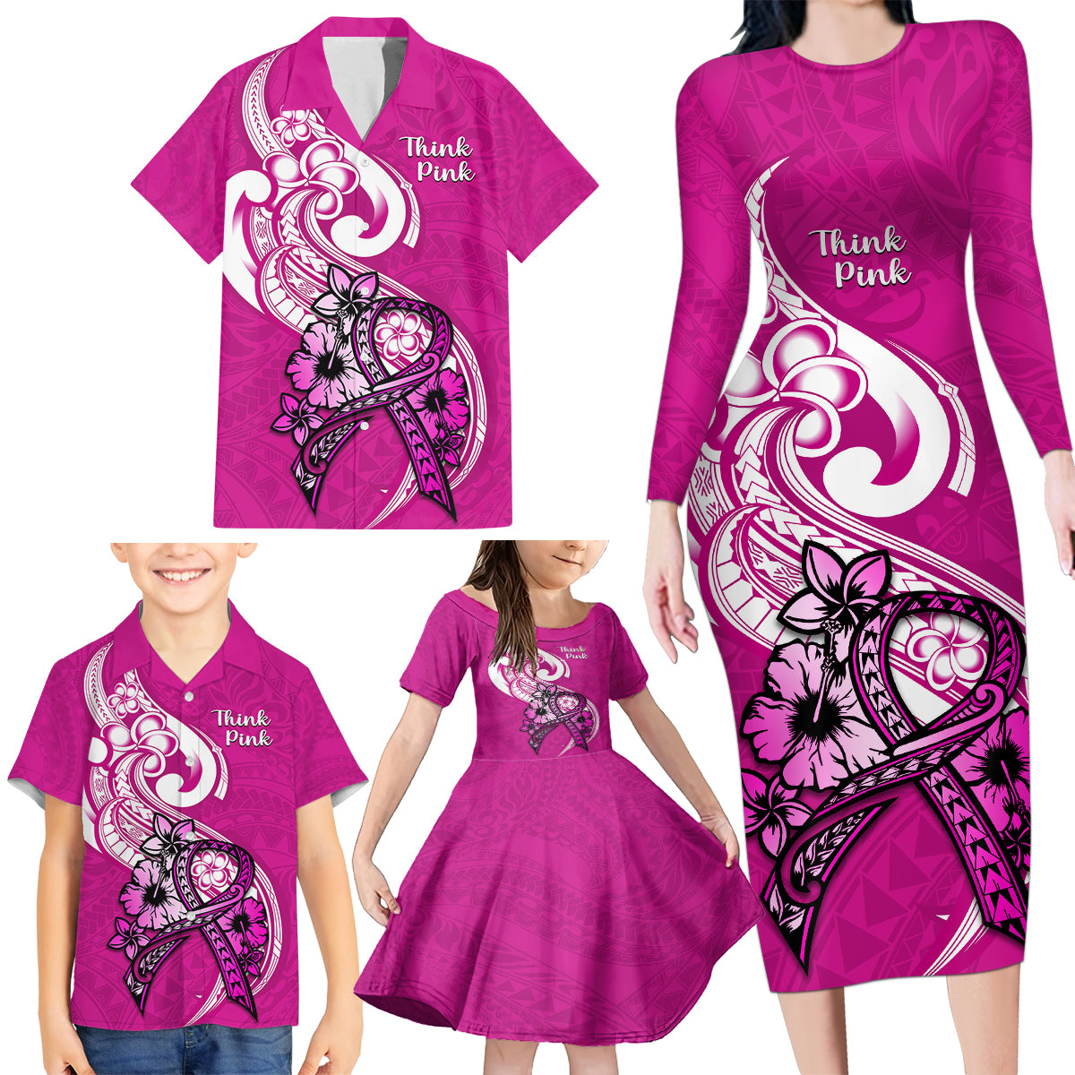 Polynesia Breast Cancer Awareness Family Matching Long Sleeve Bodycon Dress and Hawaiian Shirt Think Pink Polynesian Ribbon White Version - Wonder Print Shop