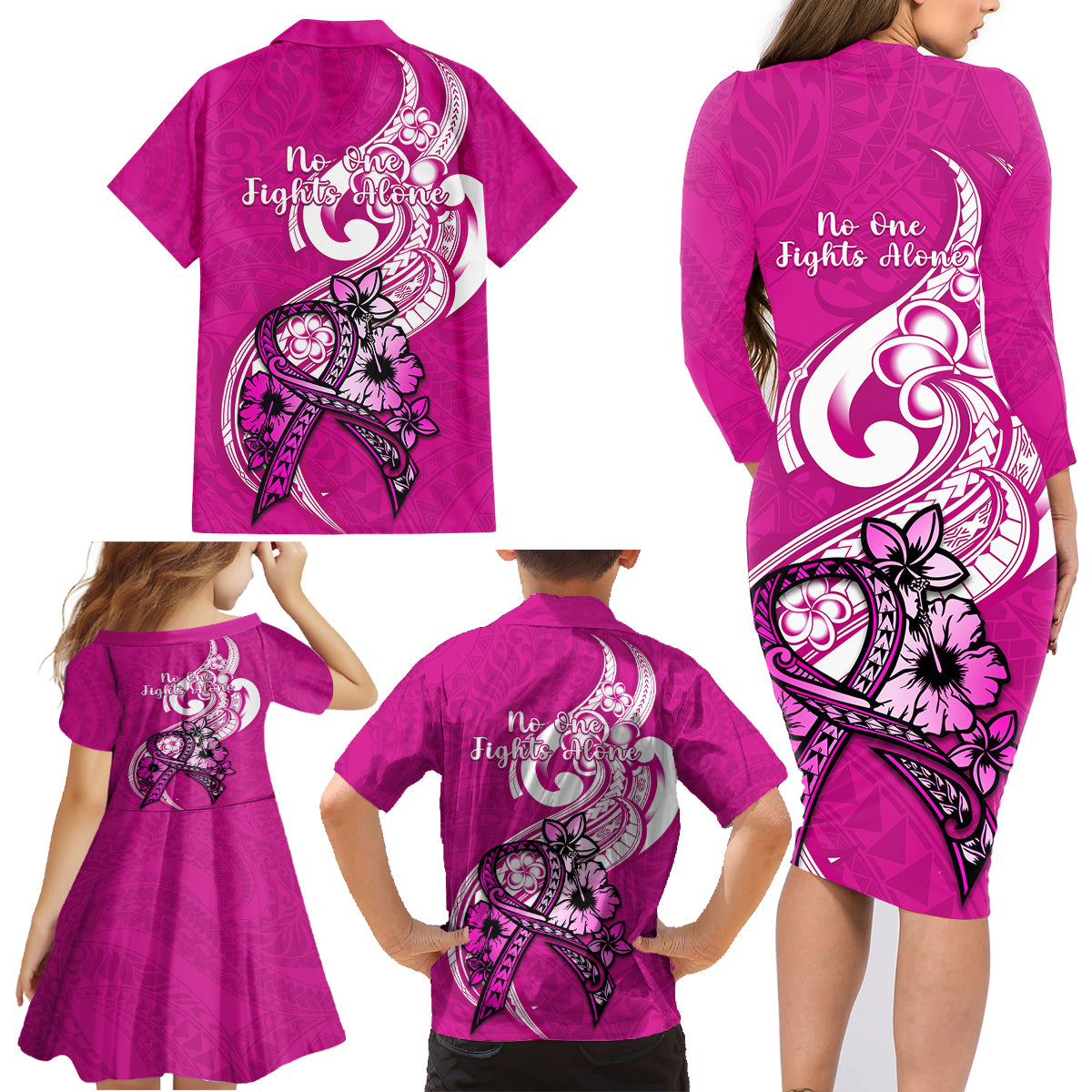 Polynesia Breast Cancer Awareness Family Matching Long Sleeve Bodycon Dress and Hawaiian Shirt Think Pink Polynesian Ribbon White Version - Wonder Print Shop