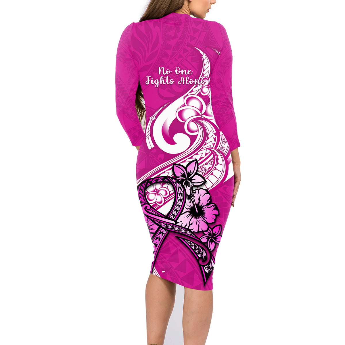 Polynesia Breast Cancer Awareness Family Matching Long Sleeve Bodycon Dress and Hawaiian Shirt Think Pink Polynesian Ribbon White Version - Wonder Print Shop