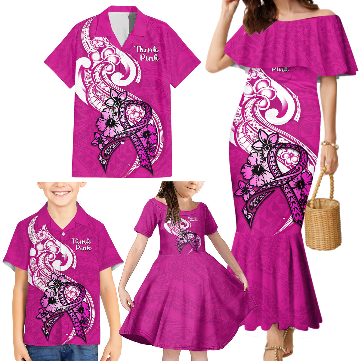 Polynesia Breast Cancer Awareness Family Matching Mermaid Dress and Hawaiian Shirt Think Pink Polynesian Ribbon White Version - Wonder Print Shop