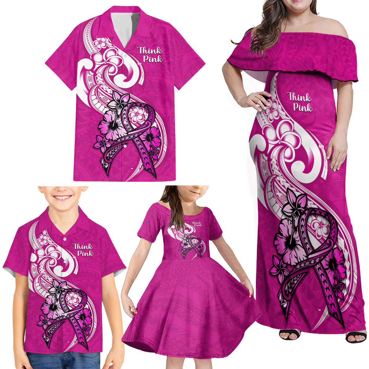 Polynesia Breast Cancer Awareness Family Matching Off Shoulder Maxi Dress and Hawaiian Shirt Think Pink Polynesian Ribbon White Version - Wonder Print Shop