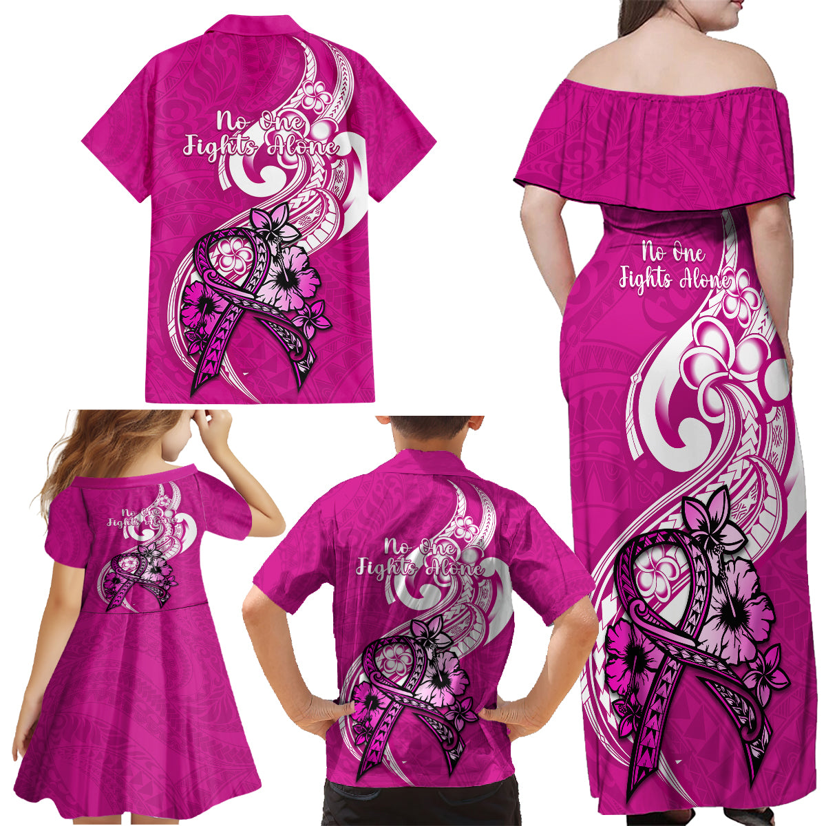 Polynesia Breast Cancer Awareness Family Matching Off Shoulder Maxi Dress and Hawaiian Shirt Think Pink Polynesian Ribbon White Version - Wonder Print Shop