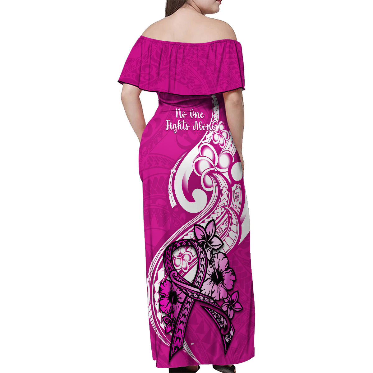 Polynesia Breast Cancer Awareness Family Matching Off Shoulder Maxi Dress and Hawaiian Shirt Think Pink Polynesian Ribbon White Version - Wonder Print Shop