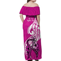 Polynesia Breast Cancer Awareness Family Matching Off Shoulder Maxi Dress and Hawaiian Shirt Think Pink Polynesian Ribbon White Version - Wonder Print Shop