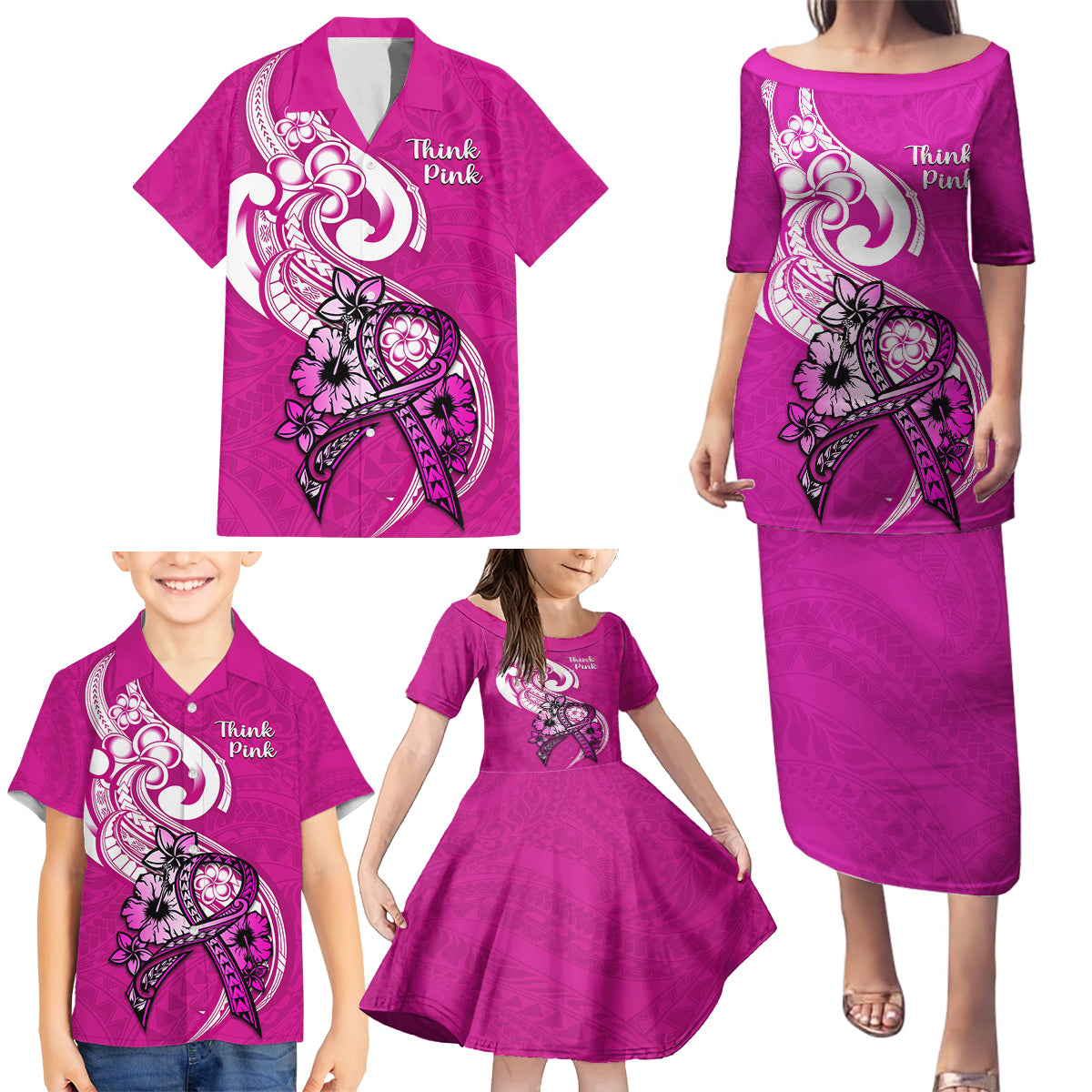Polynesia Breast Cancer Awareness Family Matching Puletasi Dress and Hawaiian Shirt Think Pink Polynesian Ribbon White Version - Wonder Print Shop
