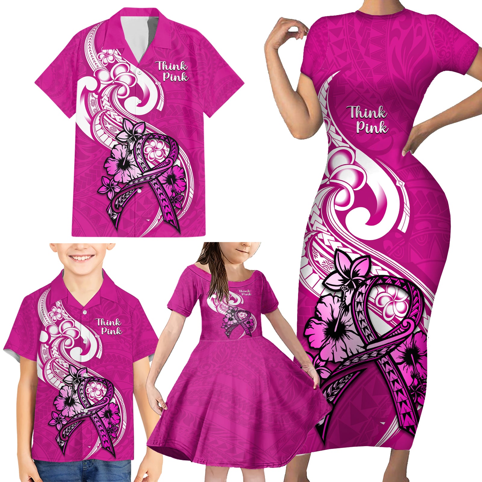 Polynesia Breast Cancer Awareness Family Matching Short Sleeve Bodycon Dress and Hawaiian Shirt Think Pink Polynesian Ribbon White Version - Wonder Print Shop