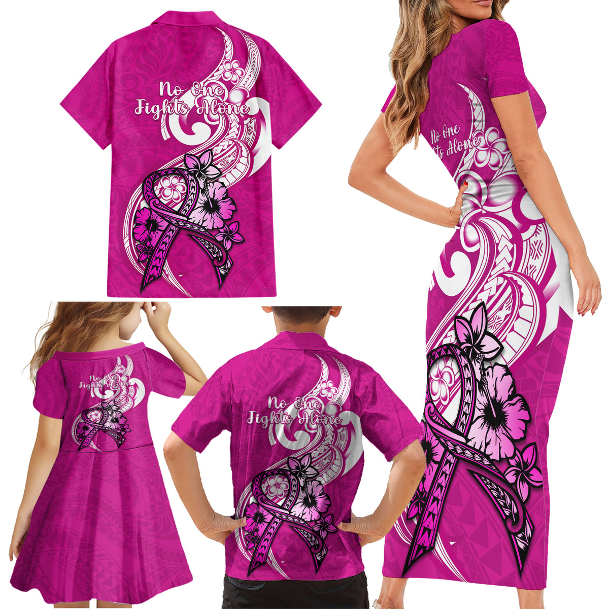 Polynesia Breast Cancer Awareness Family Matching Short Sleeve Bodycon Dress and Hawaiian Shirt Think Pink Polynesian Ribbon White Version - Wonder Print Shop