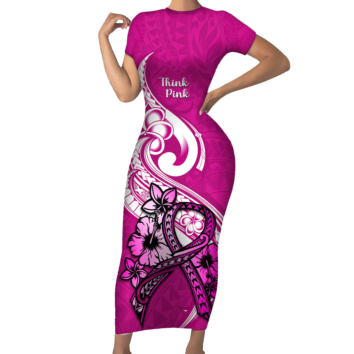 Polynesia Breast Cancer Awareness Family Matching Short Sleeve Bodycon Dress and Hawaiian Shirt Think Pink Polynesian Ribbon White Version - Wonder Print Shop