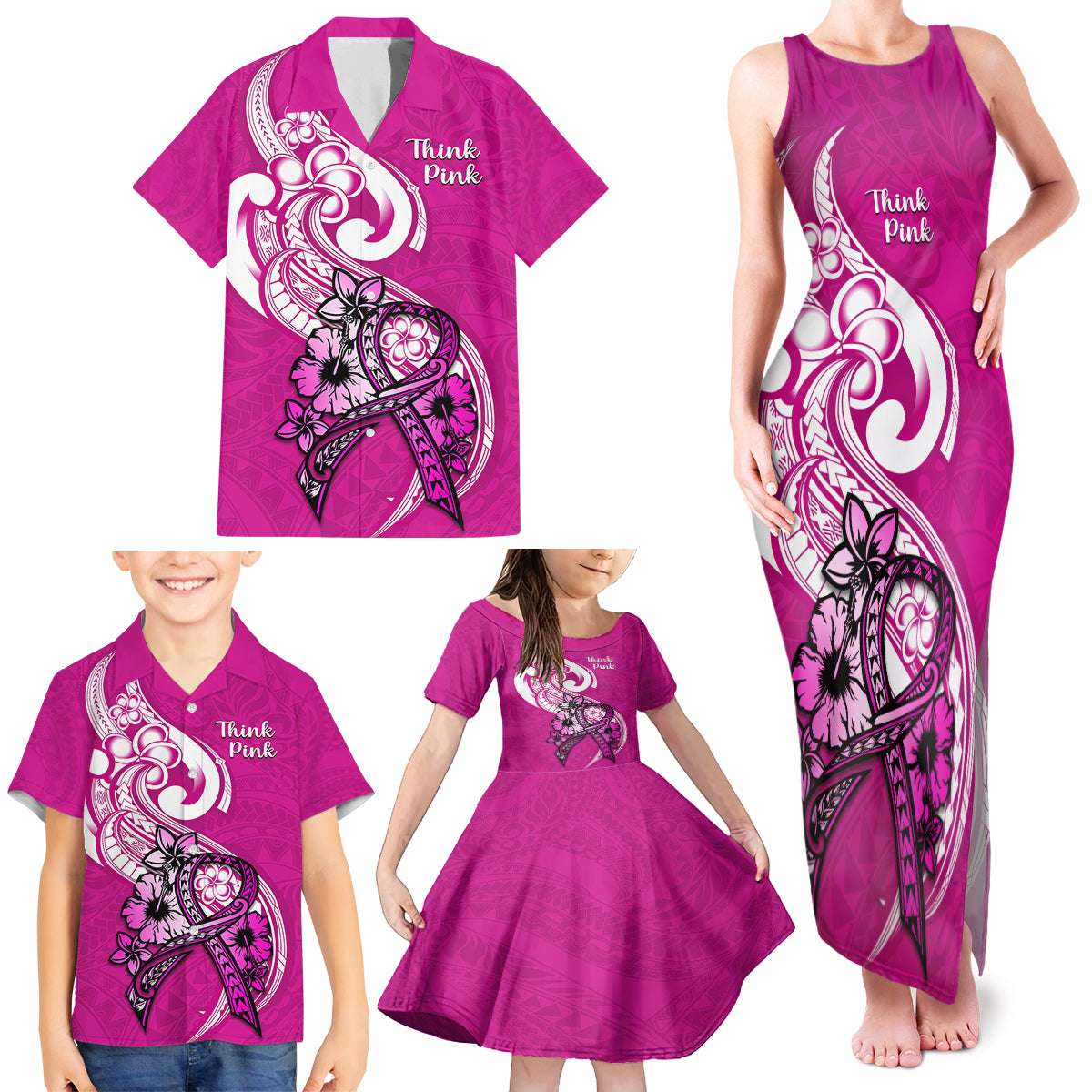 Polynesia Breast Cancer Awareness Family Matching Tank Maxi Dress and Hawaiian Shirt Think Pink Polynesian Ribbon White Version - Wonder Print Shop