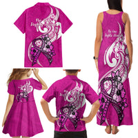 Polynesia Breast Cancer Awareness Family Matching Tank Maxi Dress and Hawaiian Shirt Think Pink Polynesian Ribbon White Version - Wonder Print Shop